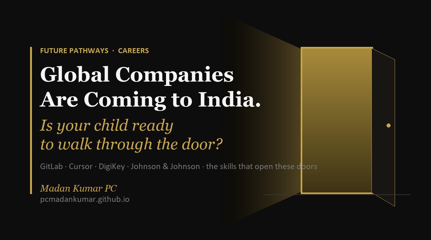 An open door spilling warm light beside the title "Global Companies Are Coming to India. Is your child ready to walk through the door?" — a Future Pathways careers reflection.