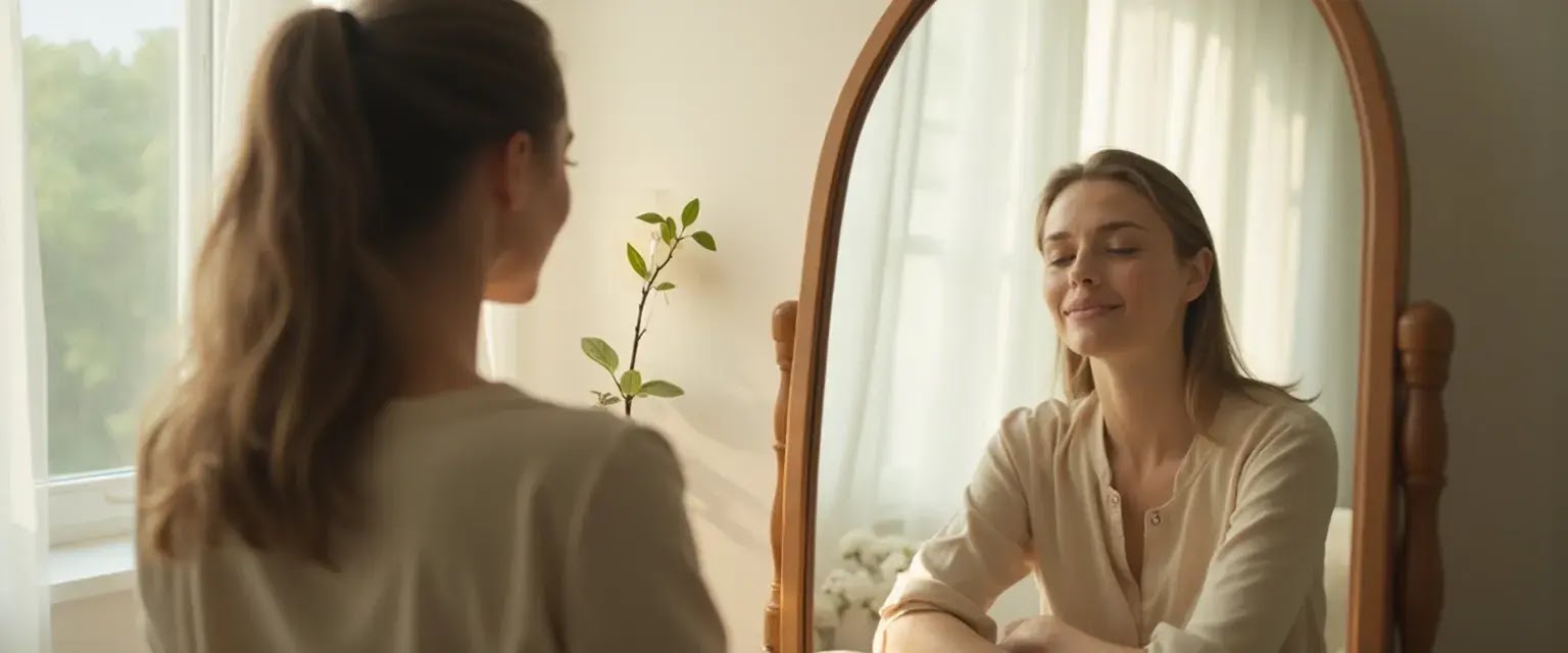 A person looking at their reflection in a mirror — a metaphor for self-competition